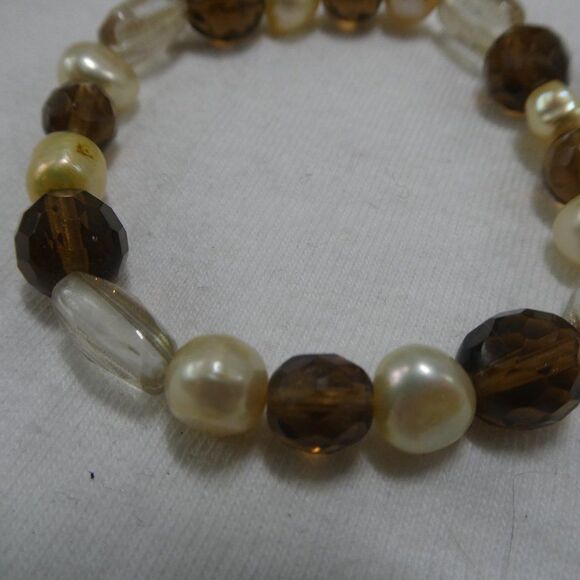 Genuine Pearl Faceted Beaded Bracelet Adjustable Stretchy Neutral Brown - Picture 5 of 5